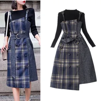 With Belt! 2 Pcs Women OL Dress Suits Spring Autumn Dress Knit Black Basic Tops And Plaid Denim Spliced Strapless Dresses NS184
With Belt! 2 Pcs Women OL Dress Suits Spring Autumn Dress Knit Black Basic Tops And Plaid Denim Spliced Strapless Dresses NS184