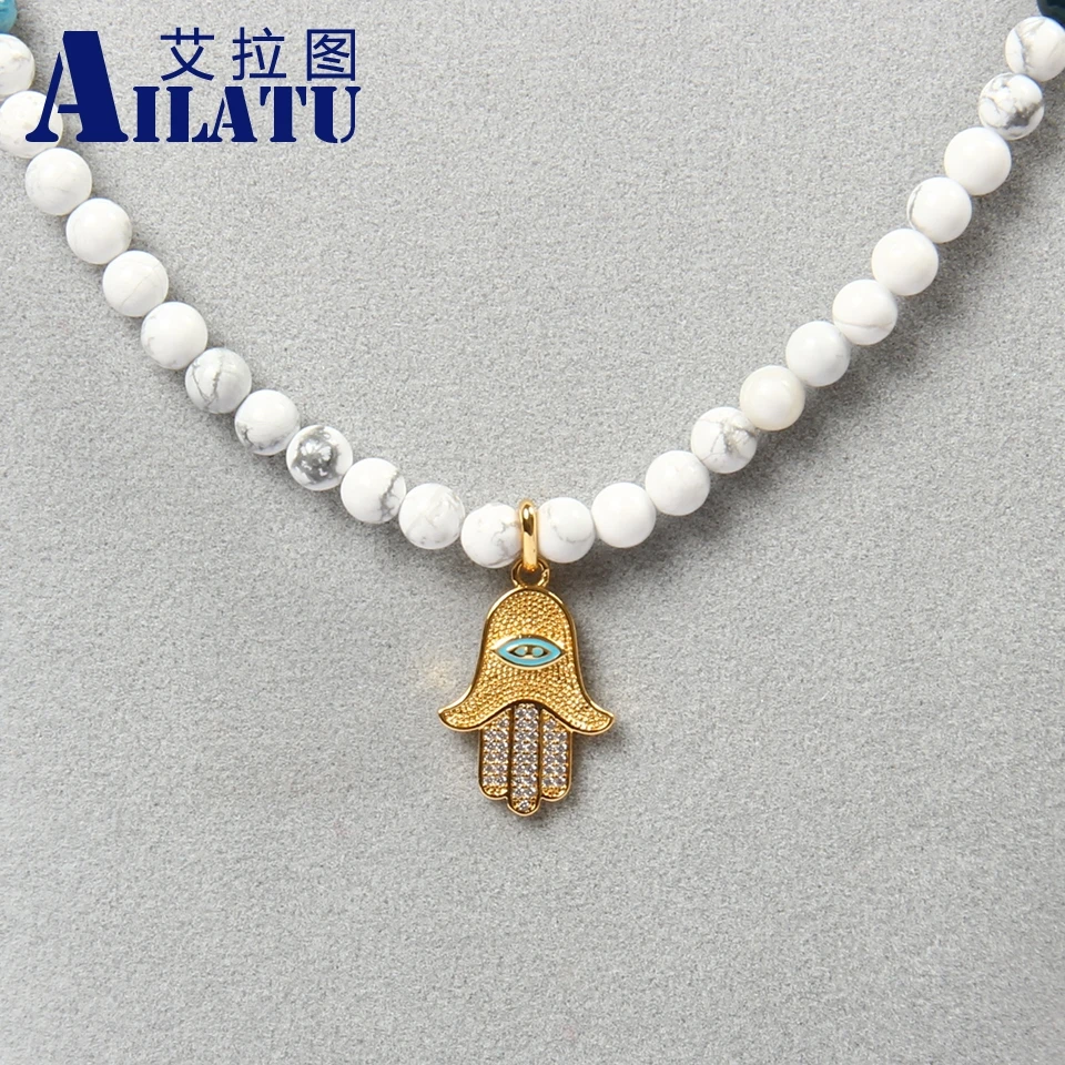 Ailatu Brand Jewelry Wholesale 5pcs/lot 6mm Natural White Howlite Marble Stone Men's Beaded Fatima Hand Hamsa Necklace
Ailatu Brand Jewelry Wholesale 5pcs/lot 6mm Natural White Howlite Marble Stone Men's Beaded Fatima Hand Hamsa Necklace