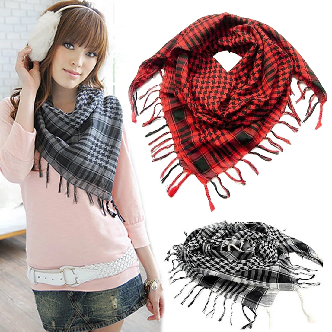 

Winter Military Tactical Scarf Shawl Kafiya Wrap Hot Grid Scarves For Female Male Gifts Fringed Hijab Houndstooth Square Scarf