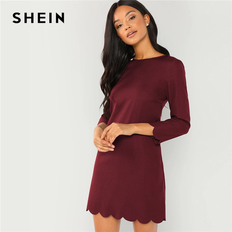 

SHEIN Burgundy Office Lady Solid Scallop Trim Tunic Round Neck 3/4 Sleeve Dress 2018 Autumn Elegant Workwear Women Dresses