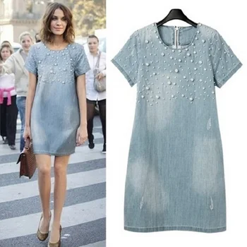 2020 summer new European and American large size women's beaded fashion simple loose short-sleeved denim dress W410
2020 summer new European and American large size women's beaded fashion simple loose short-sleeved denim dress W410