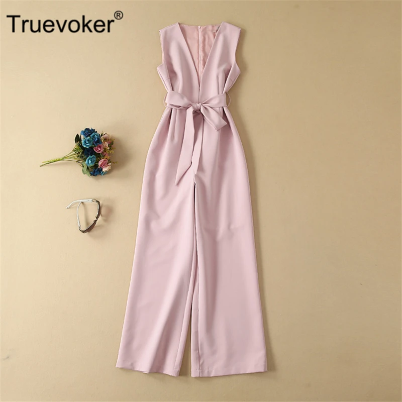 Truevoker European Summer Designer Jumpsuit Women's High Quality Sleeveless V-neck Pure Pink White With Sashes Brife Overall
Truevoker European Summer Designer Jumpsuit Women's High Quality Sleeveless V-neck Pure Pink White With Sashes Brife Overall