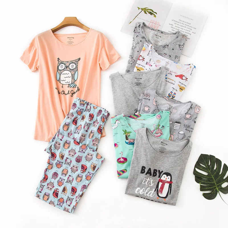 Summer Womens Cotton Short Sleeves Calf-Length Pants Pajamas Round Neck Cartoon Printing Sleepwear Plus Size Pijama Home Clothes
Summer Womens Cotton Short Sleeves Calf-Length Pants Pajamas Round Neck Cartoon Printing Sleepwear Plus Size Pijama Home Clothes
