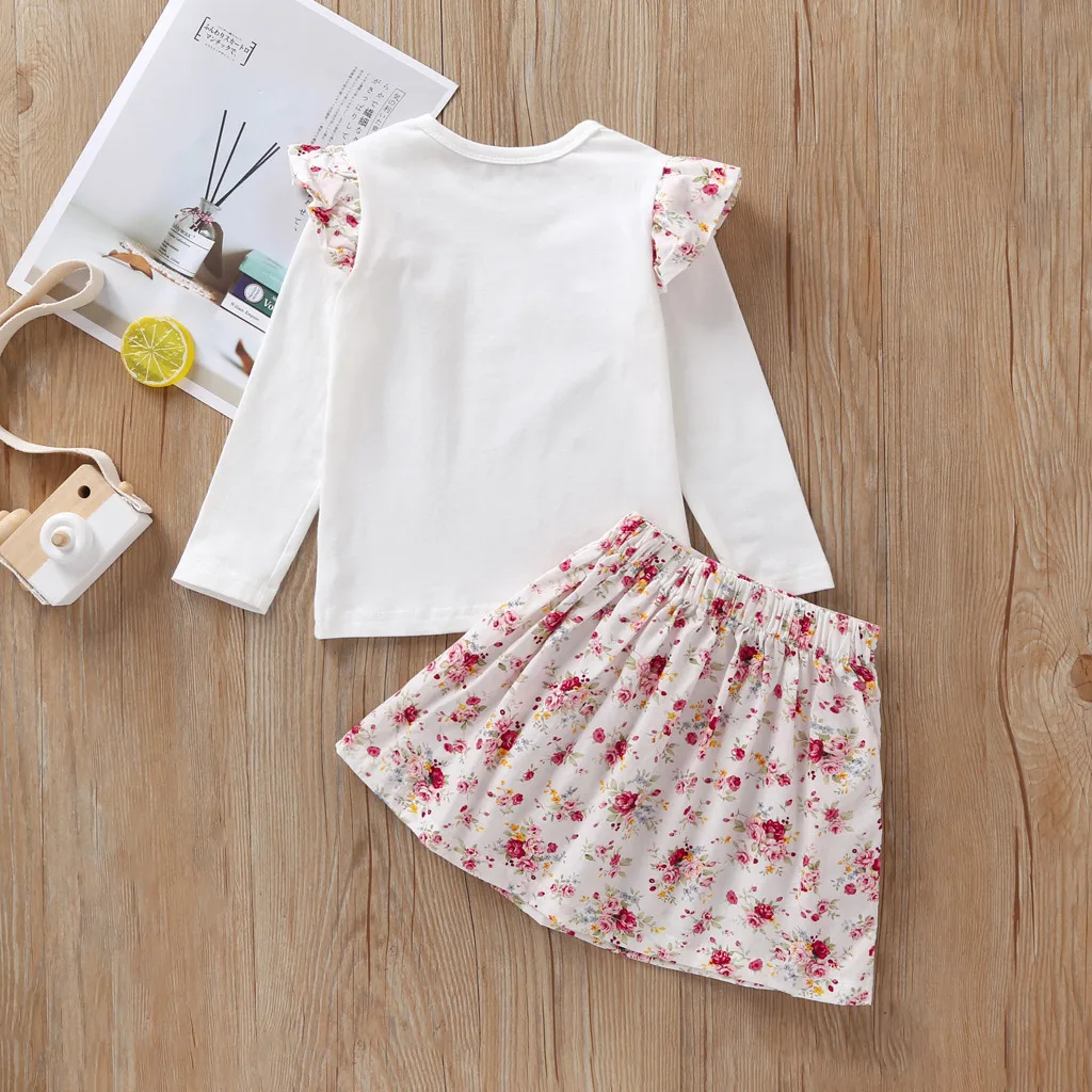 Комплект одежды для детей футболка с рюшами маленьких девочек топы юбка