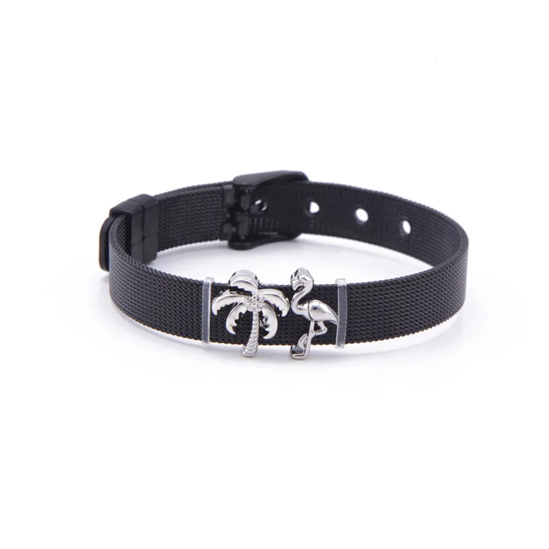 Design Jewelry Stainless Steel Keeper Mesh Bracelet Set with Coconut Tree Flamingo Summer Slide Charms | Украшения и аксессуары