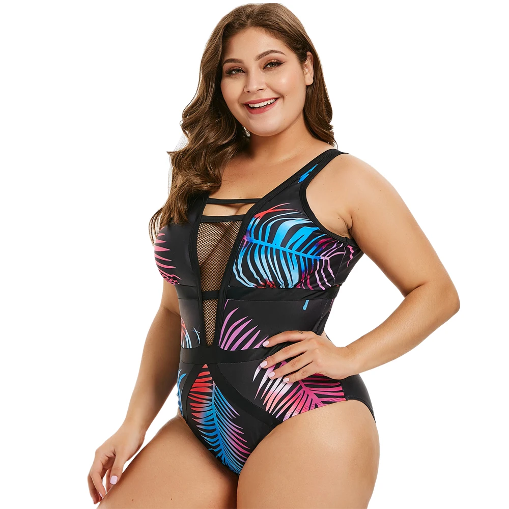 

Wipalo Women Plus Size Openwork Leaf Print Swimwear Sexy Plunging Neck Mesh Panel Tropical Print One Piece Set Casual Beach Wear