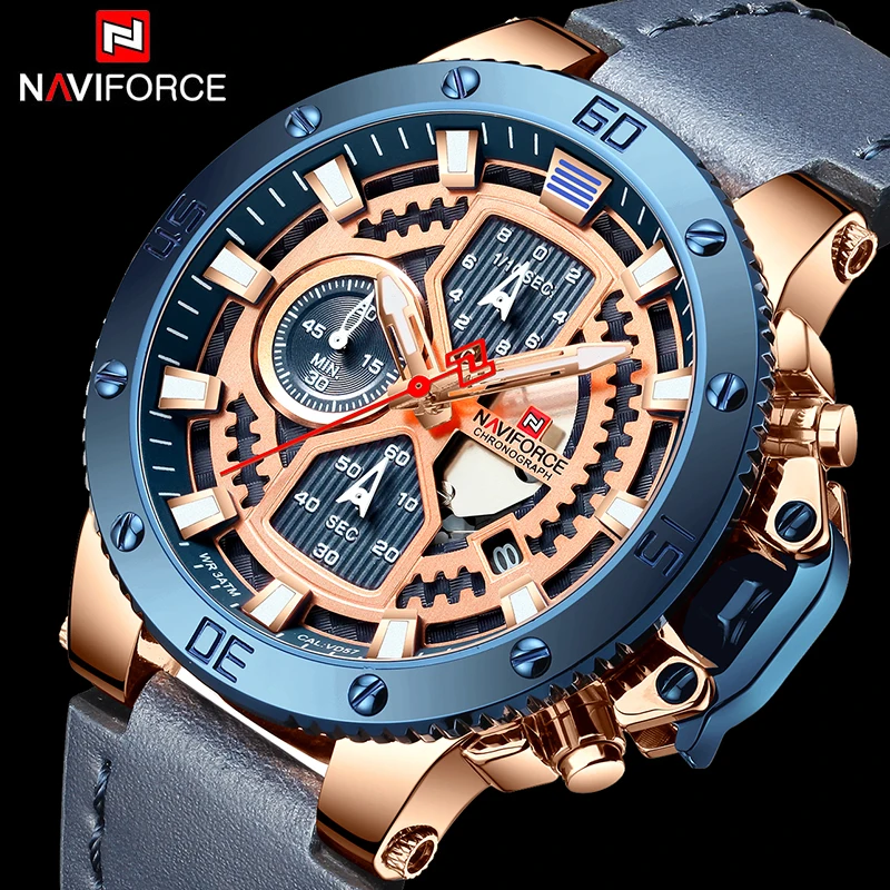 NAVIFORCE новые роскошные часы с хронографом военные кварцевые для мужчин кожаные