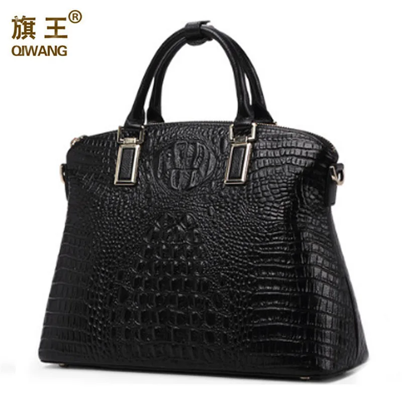 Классическая женская сумка на плечо Qiwang черная из 100% натуральной кожи крокодила