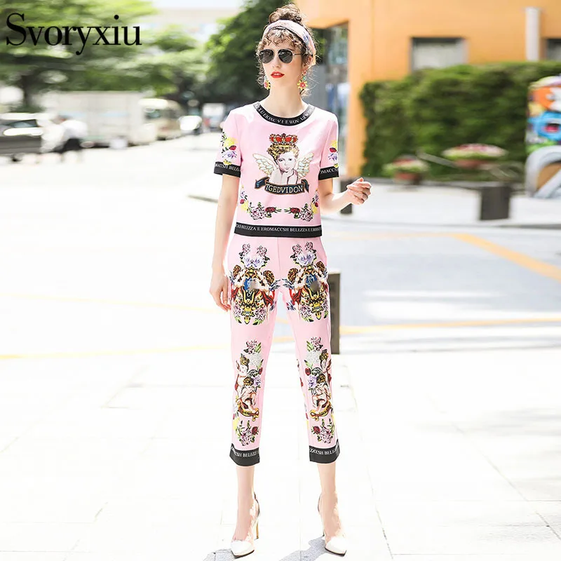 Svoryxiu Women's Summer Runway Two Piece Set Short Sleeve Beading Crystal Angel Printed Pink Tops + Pencil Pants Clothes Set
Svoryxiu Women's Summer Runway Two Piece Set Short Sleeve Beading Crystal Angel Printed Pink Tops + Pencil Pants Clothes Set
