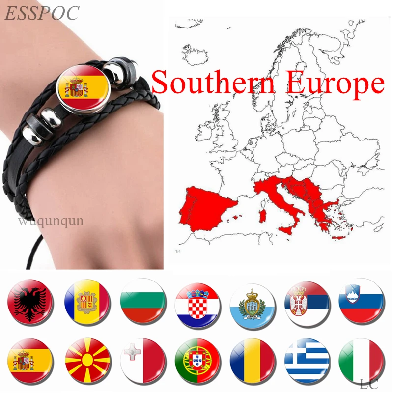 Southern Europe: Portugal Greece Spain Italy Romania Flag Black Bracelet Glass Dome Jewelry Leather Button Men Bangle Gifts
Southern Europe: Portugal Greece Spain Italy Romania Flag Black Bracelet Glass Dome Jewelry Leather Button Men Bangle Gifts