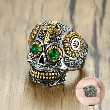 Men's Mexican Sugar Skull Ring Punk Green Eyes Gold Teeth Rings with Gothic Cross for Men Stainless Steel Biker Male Jewelry
Men's Mexican Sugar Skull Ring Punk Green Eyes Gold Teeth Rings with Gothic Cross for Men Stainless Steel Biker Male Jewelry