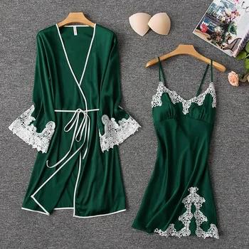 Women Sexy Silk Satin Robe Gown Set 2 Pieces Lace Sleepwear Solid Bathrobe Set Summer Nightwear Homewear
Women Sexy Silk Satin Robe Gown Set 2 Pieces Lace Sleepwear Solid Bathrobe Set Summer Nightwear Homewear