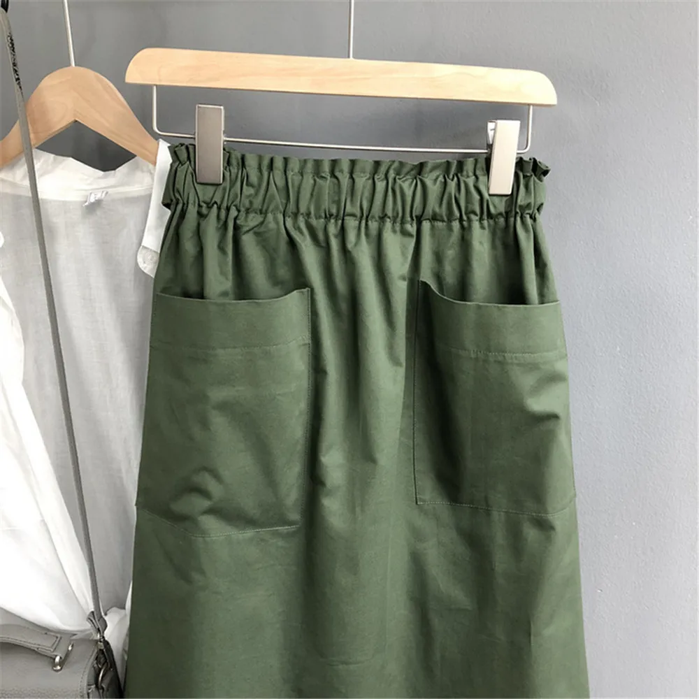 HIGH QUALITY Big Pocket Autumn Skirt For Women 2018 Casual mid-calf length pleated skirts Solid High Waist Skirt Maxi (6)