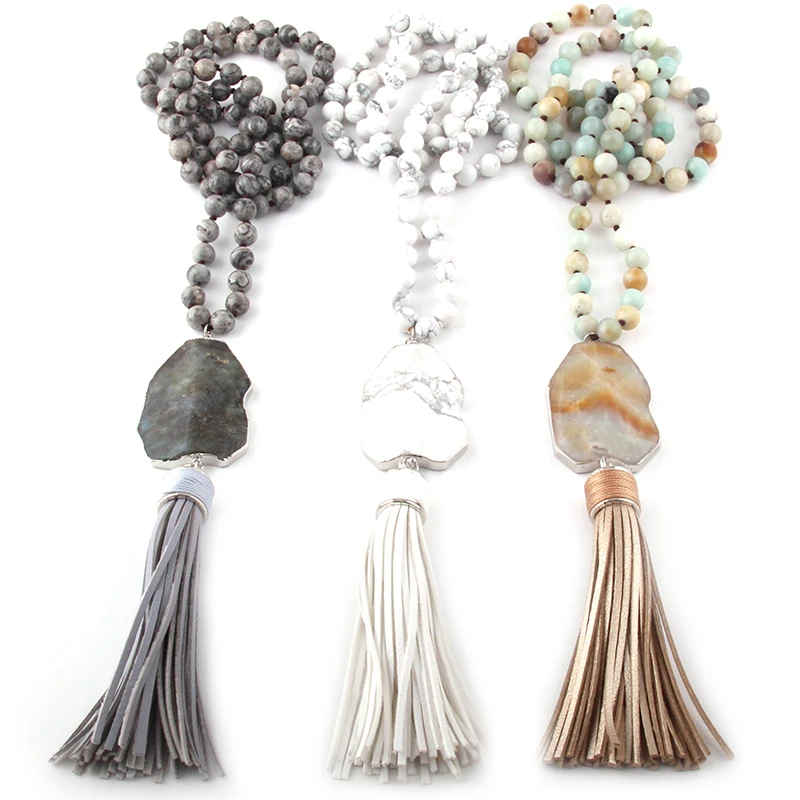 Fashion Bohemian Jewelry Gray/White/Amazonite Stone Knotted Irregular Stone Link leather Tassel Necklaces Women Ethnic Necklace
Fashion Bohemian Jewelry Gray/White/Amazonite Stone Knotted Irregular Stone Link leather Tassel Necklaces Women Ethnic Necklace
