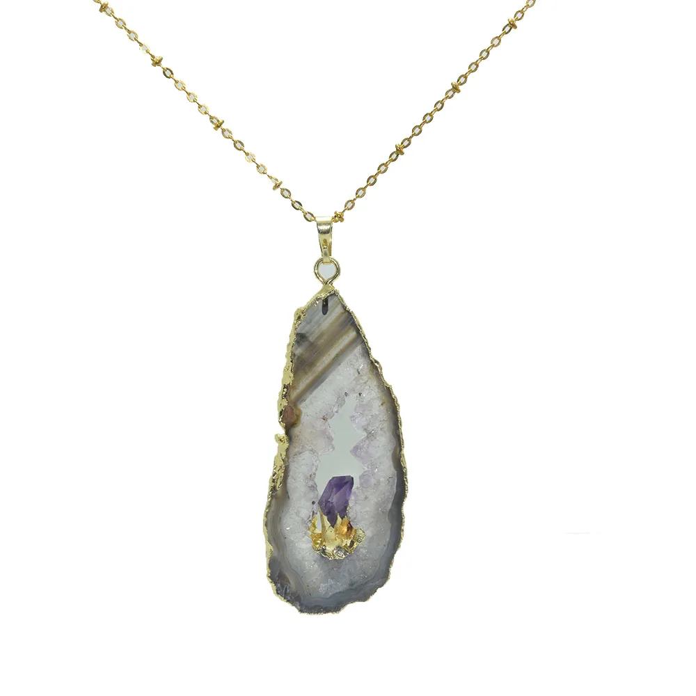 Free From Slab Rough Slice stone necklace for girl Raw quartz crystal natural geode druzy pendant women gift | Украшения и