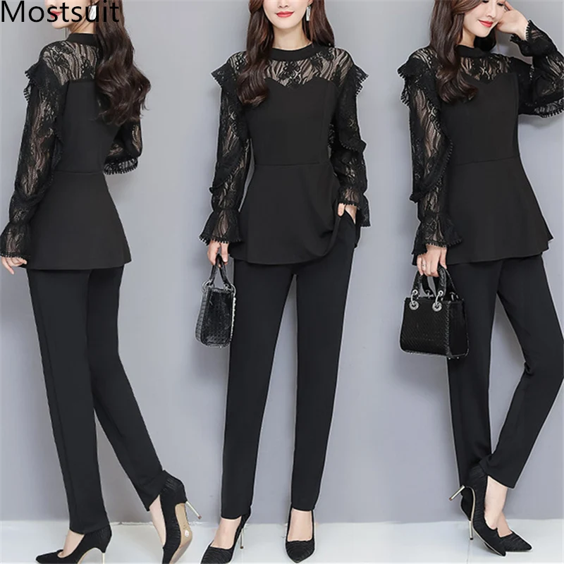 Xl-5xl Plus Size Black Lace Two Piece Women Sets Flare Sleeve Tunic Tops+pants Trousers Sets Suits Office Elegant Women's Sets
Xl-5xl Plus Size Black Lace Two Piece Women Sets Flare Sleeve Tunic Tops+pants Trousers Sets Suits Office Elegant Women's Sets