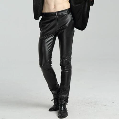Men Casual Slim Fit Skinny PU Leather Black Trousers Motorcycle Biker Pants Size
