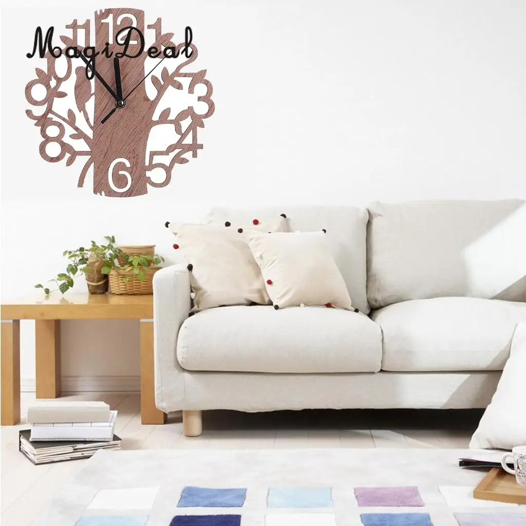 Tree Shaped Wooden Wall Clock Battery Operated Analog Clock for Home Office Housewarming Decor Gift