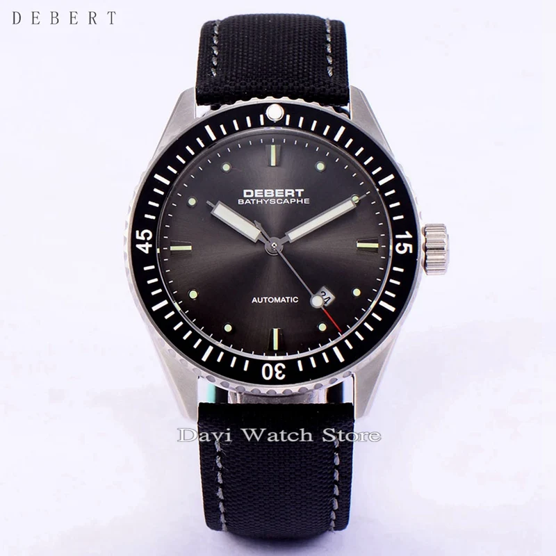 Автоматические сапфировые часы с серым циферблатом и черным ремешком 43 мм|watch