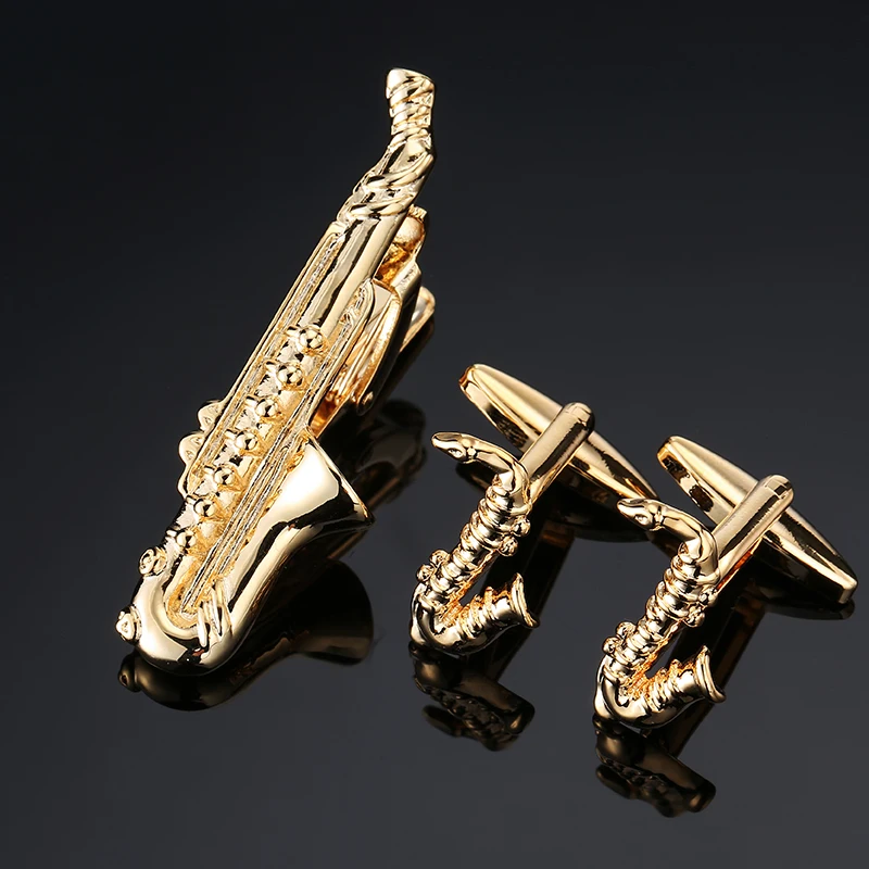 

High-quality plating gold Cufflinks Ties Clip Sets Men's Mustache Music Sax Bat Cuff Links Tie Clip Set