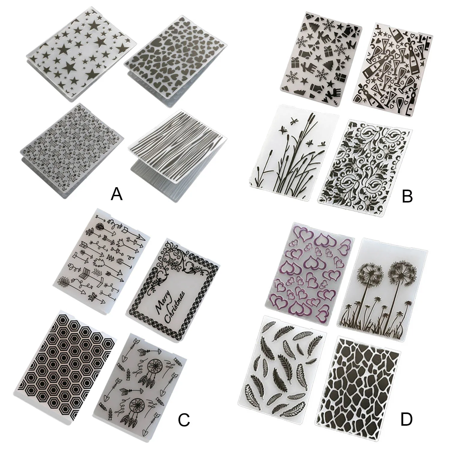 4 Pattern Embossing Folder Plastic Templates Stencil Molds Card Embossing Dies Tools for DIY Craft Toy Scrapbooking Photo Album
4 Pattern Embossing Folder Plastic Templates Stencil Molds Card Embossing Dies Tools for DIY Craft Toy Scrapbooking Photo Album