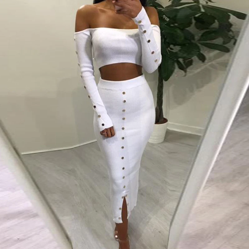Knitted Ribbed Long Sleeve Crop Top Midi Skirt Women 2 Pieces Set Split Off Shoulder Bodycon 2019 Spring Sexy Ladies Skirts
Knitted Ribbed Long Sleeve Crop Top Midi Skirt Women 2 Pieces Set Split Off Shoulder Bodycon 2019 Spring Sexy Ladies Skirts