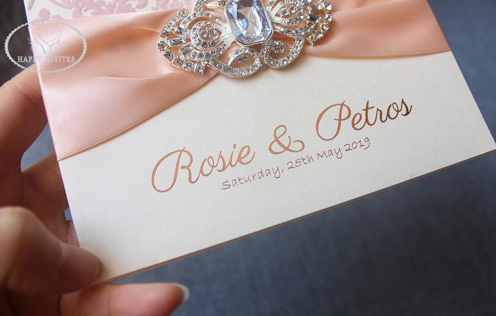 HI6023-12 Custom Ivory Wedding Card with Pink Flocking Design