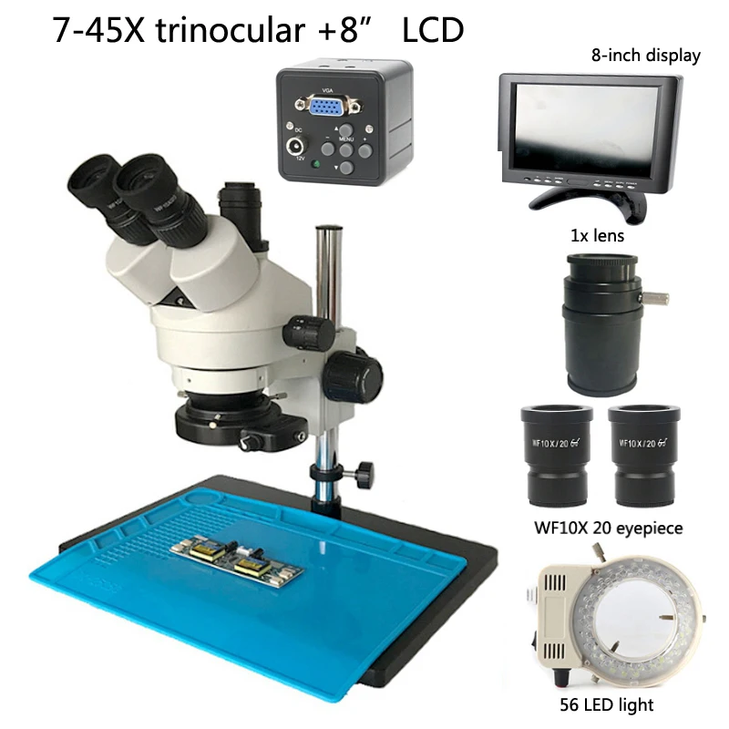 7X-45X continuous zoom trinocular stereo microscope camera + 2.0MP VGA microscope camera +56 LED light + 8" LCD, repair computer
7X-45X continuous zoom trinocular stereo microscope camera + 2.0MP VGA microscope camera +56 LED light + 8" LCD, repair computer