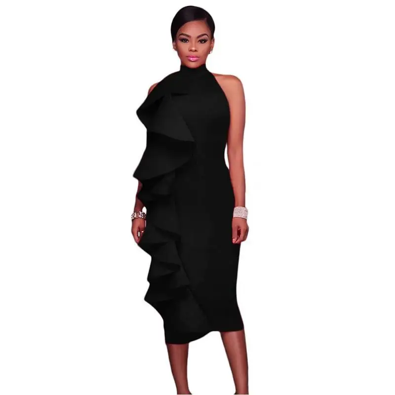 SEBOWEL 2017 Women Big Ruffles Midi Elegant Dress Sexy Open Back Bodycon Party Dress High Neck Vintage Pencil Dress (1)
