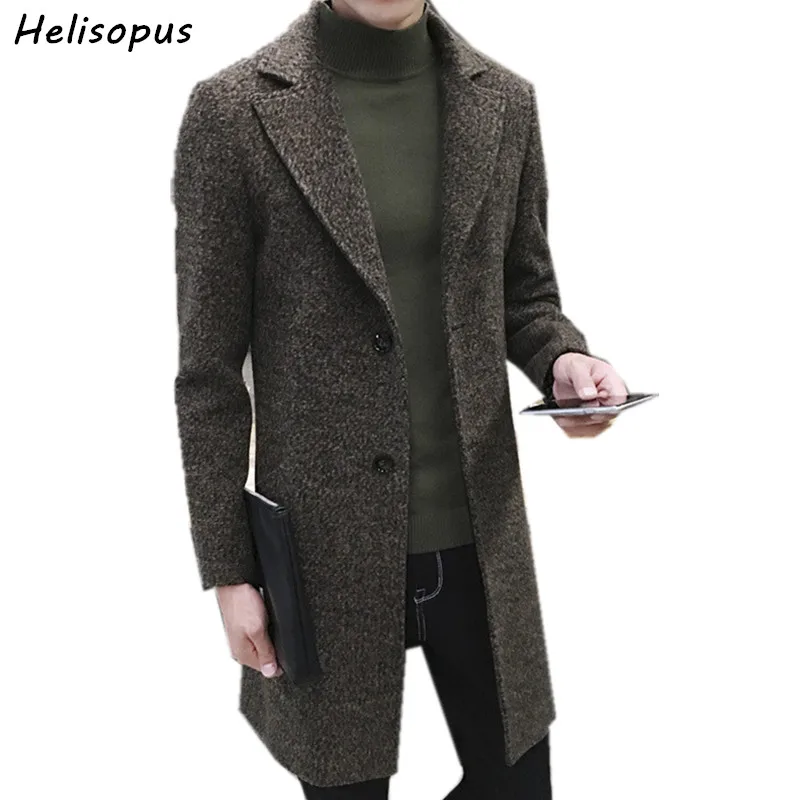 

Helisopus Men's Thick Wool Trench Coat Men Long Casual Coats Lapel Collar 2019 Autumn Winter Slim Overcoat Plus Size M-5XL