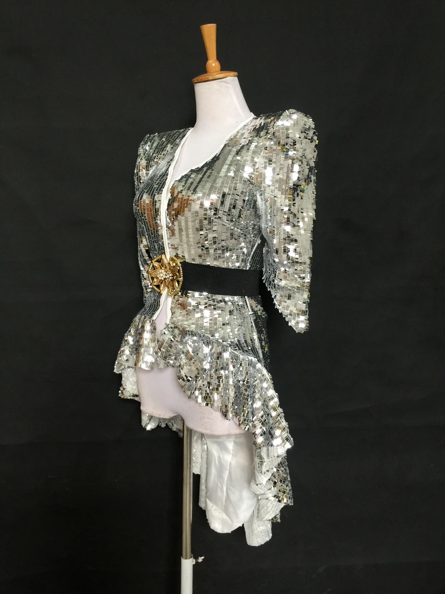 Stage Wear Sequined Shoulder Shiny Tuxedo Dress Costume Singer Guest