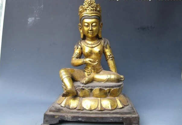 

song voge gem S0871 20"Tibet Fane Folk classical Old Bronze Gild Green TaRa Kwan-Yin Buddha Statue