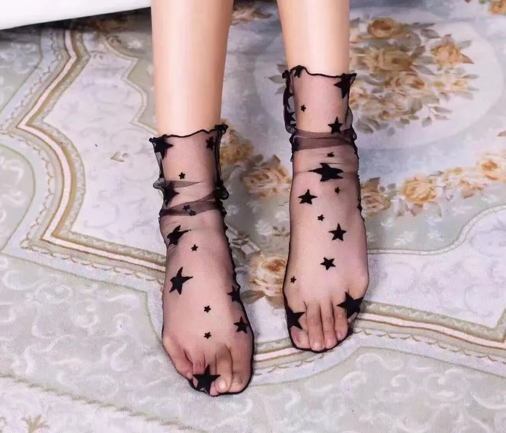 

2017 New Fashion Sexy Women Summer Star/Polka Dots/Snowflake Mesh Ankle Socks Soft Elasticity Gauze Fishnet Socks