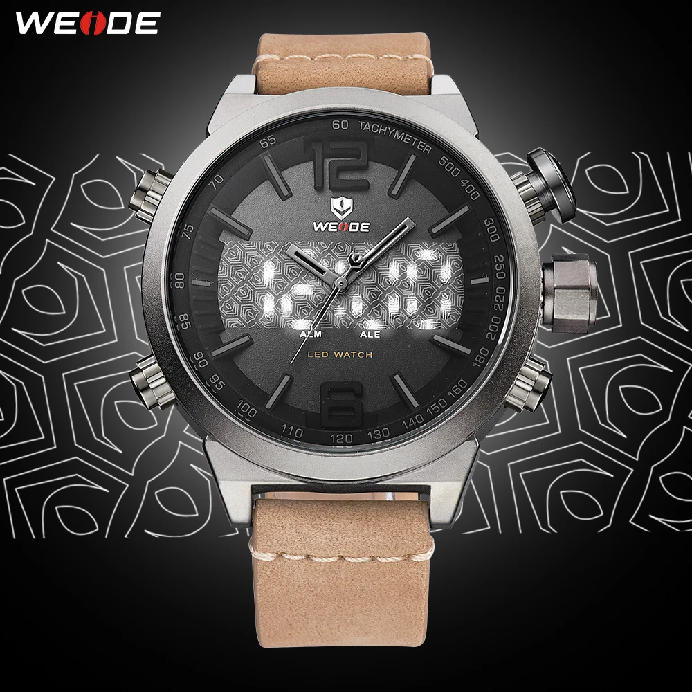 WEIDE Genuine Leather Strap Watch Men Outdoor Sports Watches Khaki Watchband Waterproof Dual Time Zone Alarm Quartz Wristwatch
WEIDE Genuine Leather Strap Watch Men Outdoor Sports Watches Khaki Watchband Waterproof Dual Time Zone Alarm Quartz Wristwatch