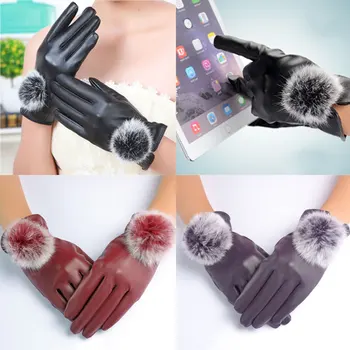 

Fashion 1Pair New Winter Soft Mittens Warm PU Leather Rabbit Fur Balls Female Gloves Touches Screen Women Gloves HSJ88