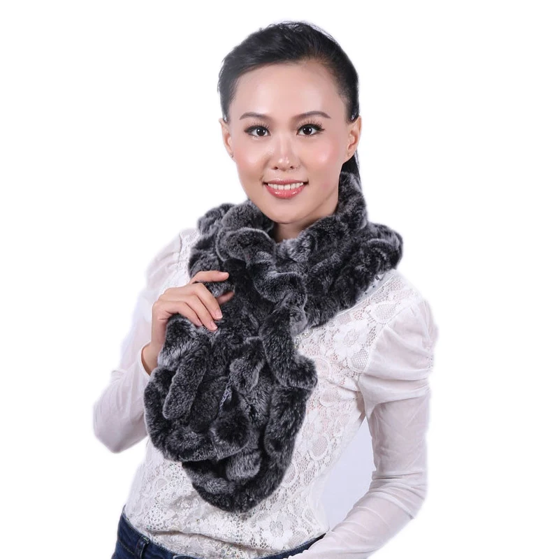 Real Fur Scarf For Women Winter Flounced Design Genuine Rex Rabbit Scarve Elegant Female Fashion Russia Warm |