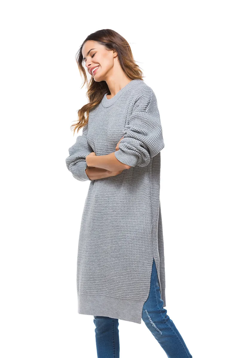 2018 spring new European and American large size women's knit dress loose long knit sweater women (16)