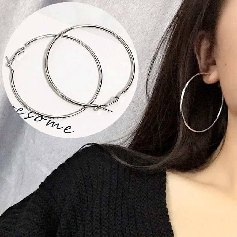 Simple Gold color Big Hoop Earring For Women ZA Statement Fashion Jewelry Accessories Large Circle Round Earrings free shipping | Украшения