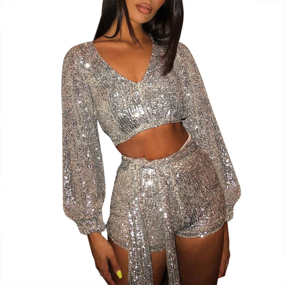 Summer Sexy Women Rave Party holographic Sequins Long sleeves Crop Tops Blouse+Shorts Sequins Outfit Matching Sets Suit 2019 X1
Summer Sexy Women Rave Party holographic Sequins Long sleeves Crop Tops Blouse+Shorts Sequins Outfit Matching Sets Suit 2019 X1