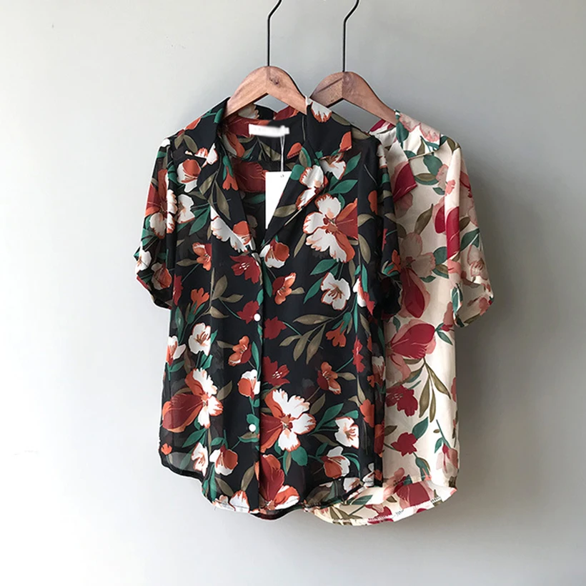 Women Blouses 2019 Floral Print short Sleeve Turn Down Collar Blouse Ladies Shirts summer chiffon Blusas Chemisier Femme |