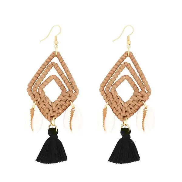 Latest Design Womens Rattan Tassel Wicker Woven Sea Shell Conch Hooks Earrings Jewelry 2019