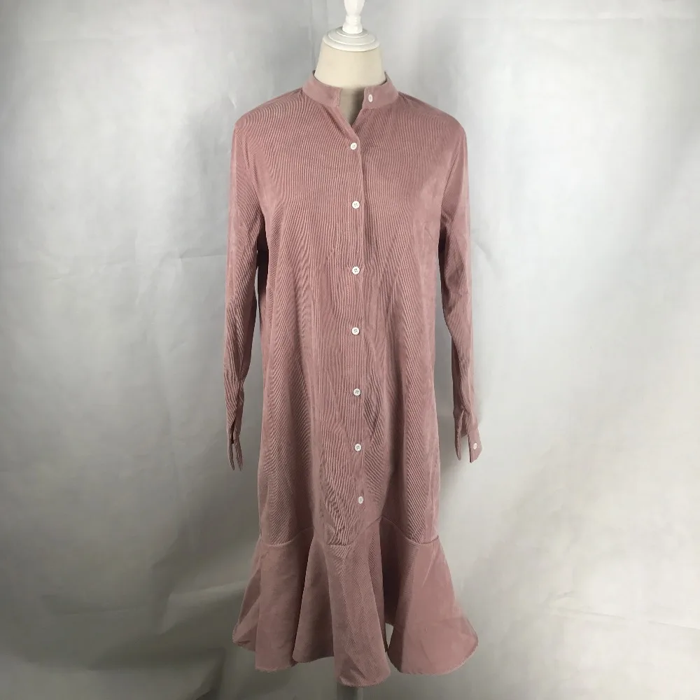 PERHAPS U pink stand collar long sleeve loose ruffle solid ruffle button knee length dress sheath corduroy dress autumn D0866
PERHAPS U pink stand collar long sleeve loose ruffle solid ruffle button knee length dress sheath corduroy dress autumn D0866