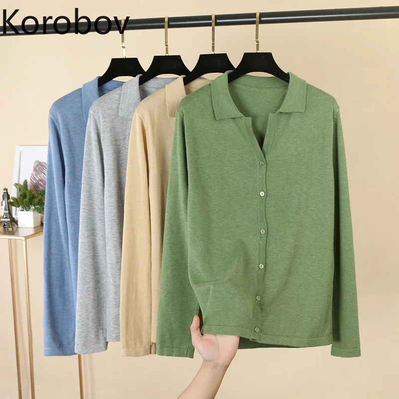 Korobov Korean Solid Turn-Down Collar Women Sweaters Summer Autumn Single Breasted Wool Knitted Cardigans Casual Sweater 78579 
Korobov Korean Solid Turn-Down Collar Women Sweaters Summer Autumn Single Breasted Wool Knitted Cardigans Casual Sweater 78579