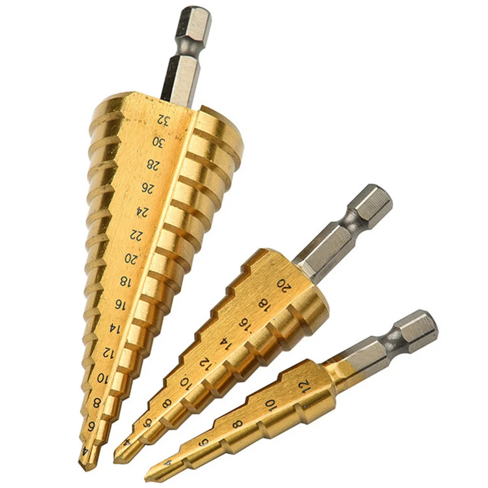 3pcs HSS Step Cone Drill Bit Titanium Coated Spiral Grooved Metalworking Woodworking Hole Saw Cutter 4-12/20/32mm
3pcs HSS Step Cone Drill Bit Titanium Coated Spiral Grooved Metalworking Woodworking Hole Saw Cutter 4-12/20/32mm
