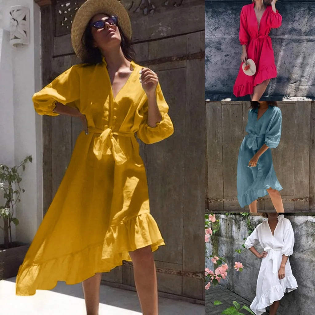 2019 New Fashion dresses Women Fashion Button casual Bandage Solid Lantern Sleeve Deep Neck Irregular Dress robe longue femme
2019 New Fashion dresses Women Fashion Button casual Bandage Solid Lantern Sleeve Deep Neck Irregular Dress robe longue femme