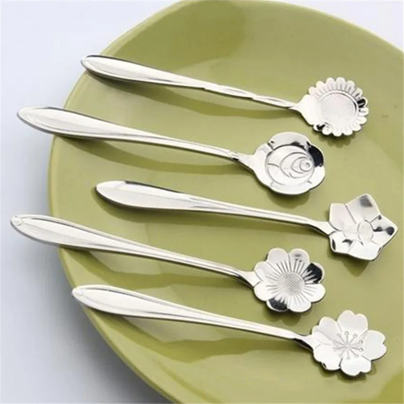 

5PCS/Set Tableware Flower Shape Sugar Stainless Steel Sunflower Tea Coffee Spoon Teaspoons Ice Cream Flatware Kitchen Tool