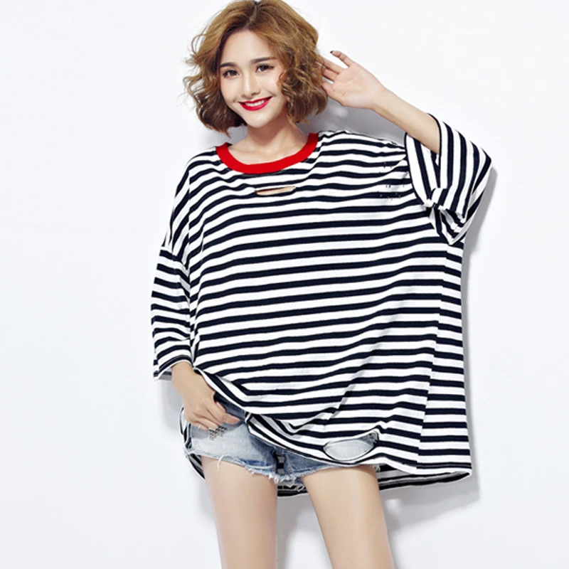 Oversized Women's Summer T-shirt Striped Personality Broken Hole Tops Women 2018 Summer Plus Size Skinny Camisas Mujer
Oversized Women's Summer T-shirt Striped Personality Broken Hole Tops Women 2018 Summer Plus Size Skinny Camisas Mujer