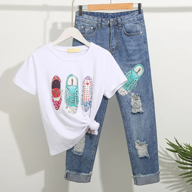 SMTHMA Women Casual Beading Sequined Shoes Pattern T-Shirts+Hole Denim Pants 2 piece Suits Trousers Sets
SMTHMA Women Casual Beading Sequined Shoes Pattern T-Shirts+Hole Denim Pants 2 piece Suits Trousers Sets