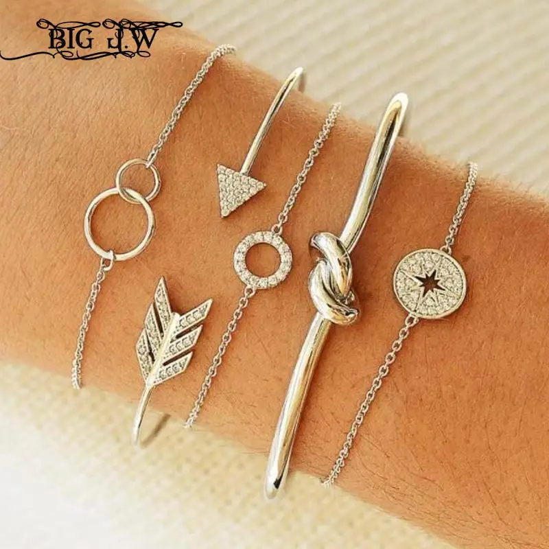 BIG J.W 5 pcs/Sets Silver Color Stackable Charm Bracelets For Women Arrow Round Geometric Knot Rhinestone Bangles Accessories
BIG J.W 5 pcs/Sets Silver Color Stackable Charm Bracelets For Women Arrow Round Geometric Knot Rhinestone Bangles Accessories
