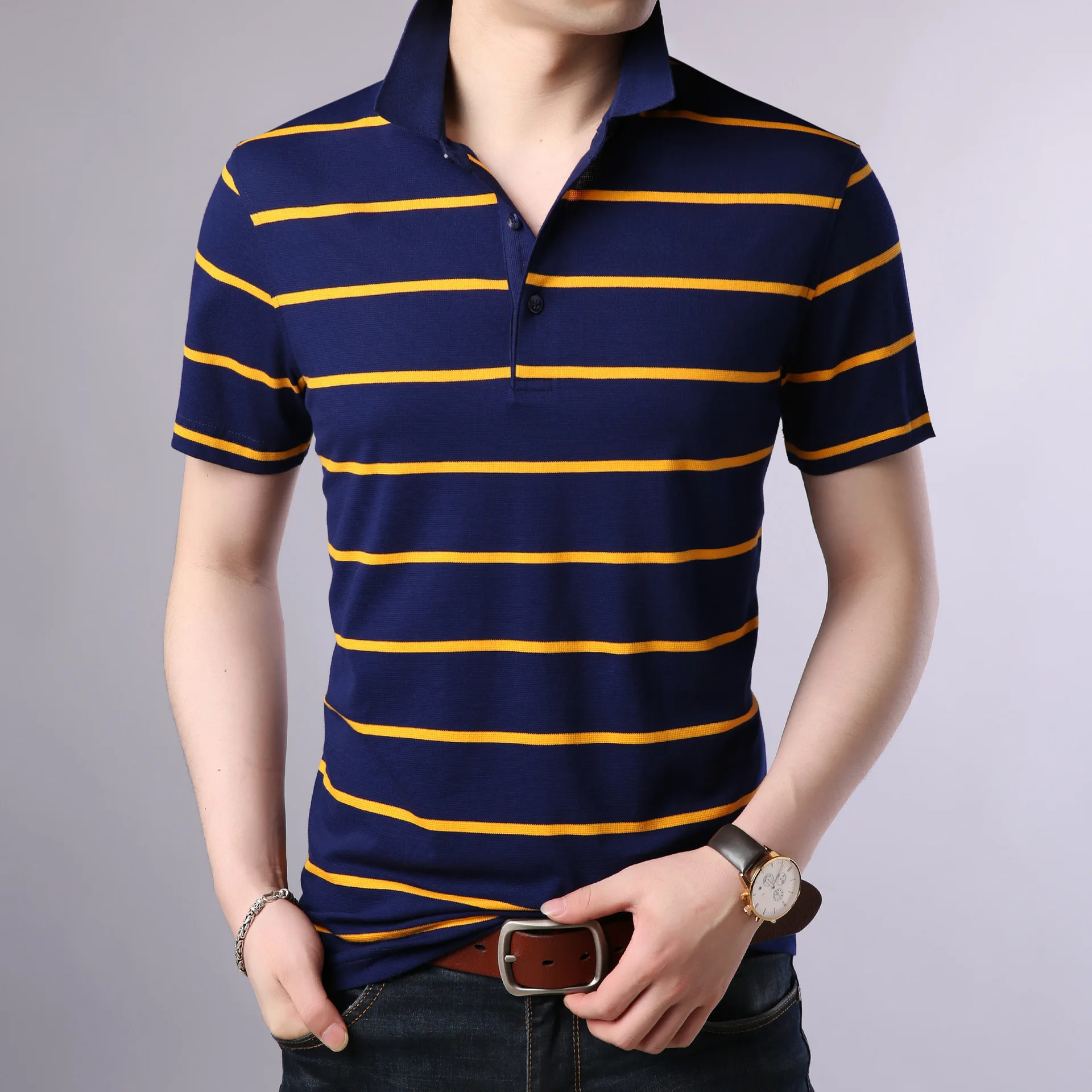 Мужская хлопковая рубашка-поло в полоску Повседневная контрастных цветов с